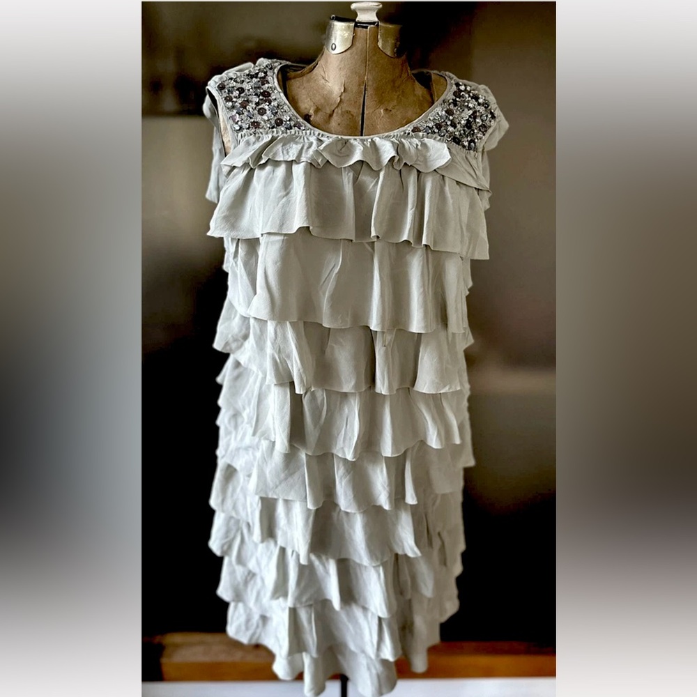 Zara Woman gray, silver hand beaded 1920s flapper style silk dress M
